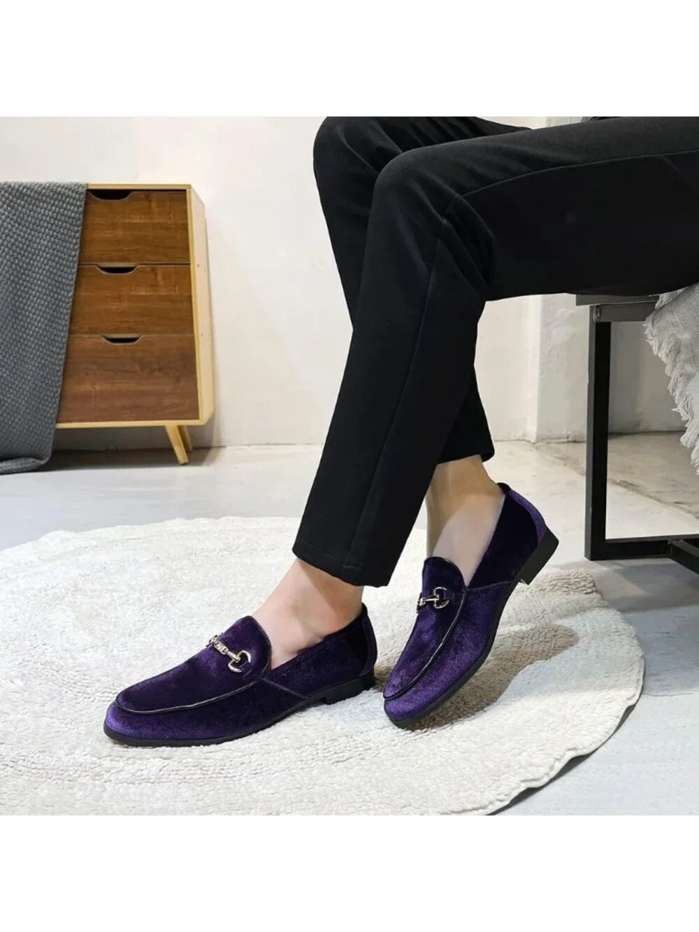 LCQL Men's Purple Leather Velvet Loafer Gold Buckle Slip On Comfortable Shoes